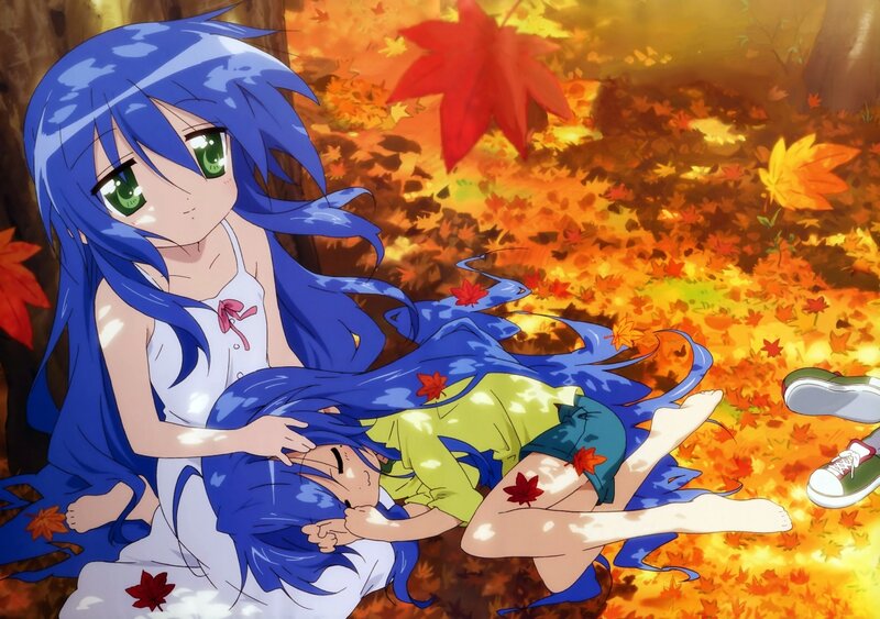 Blue-haired girl with autumn leaves