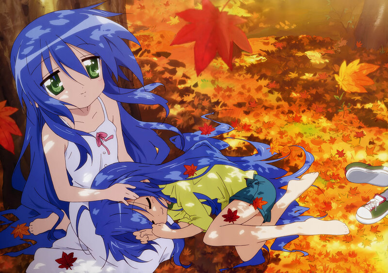 Blue-haired girl with autumn leaves