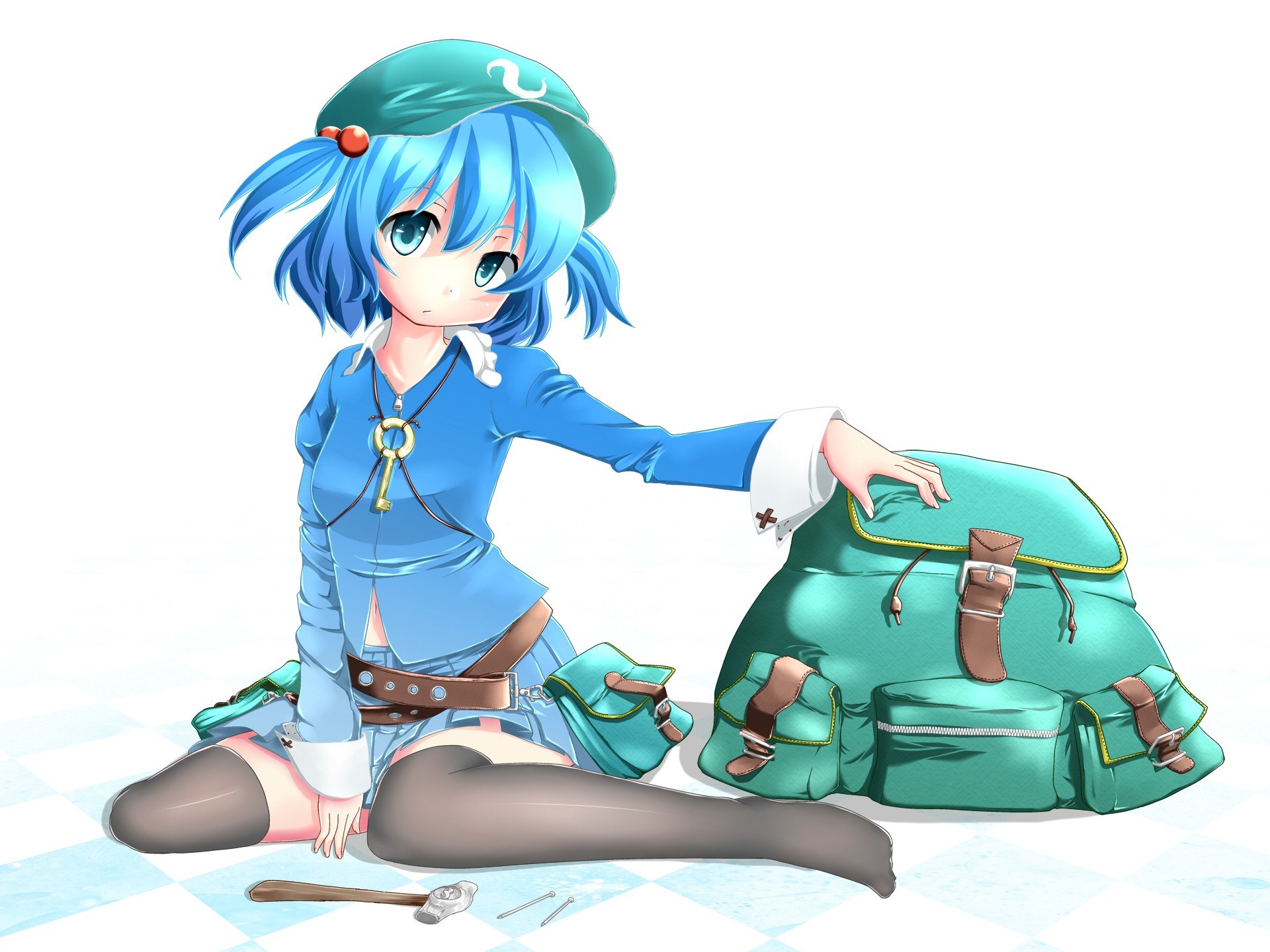 blue-haired girl with backpack