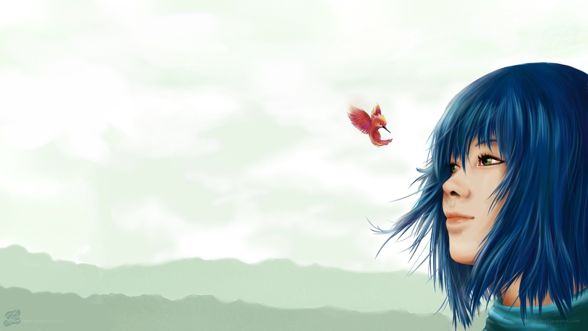 blue-haired girl with bird