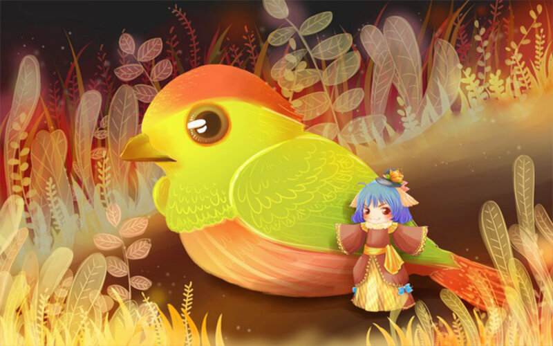 Blue-haired Girl with Bird — Yellow