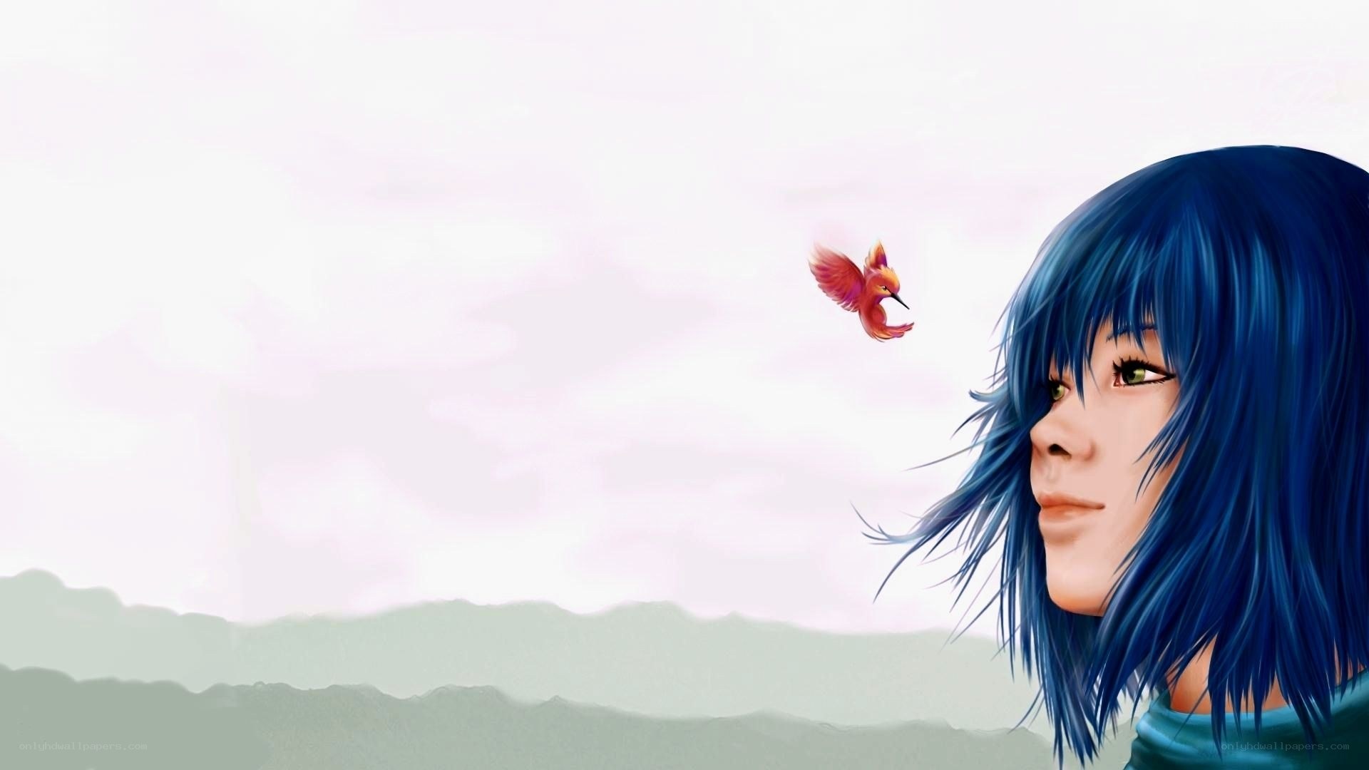 blue-haired girl with bird