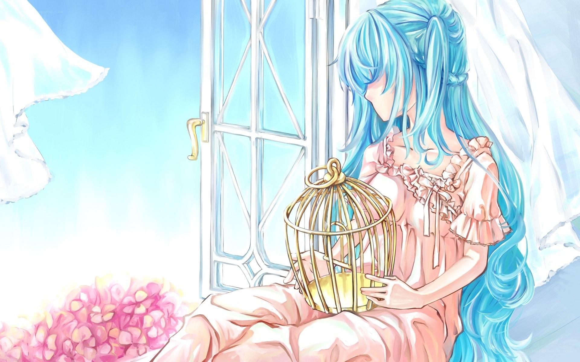 Blue-haired girl with birdcage