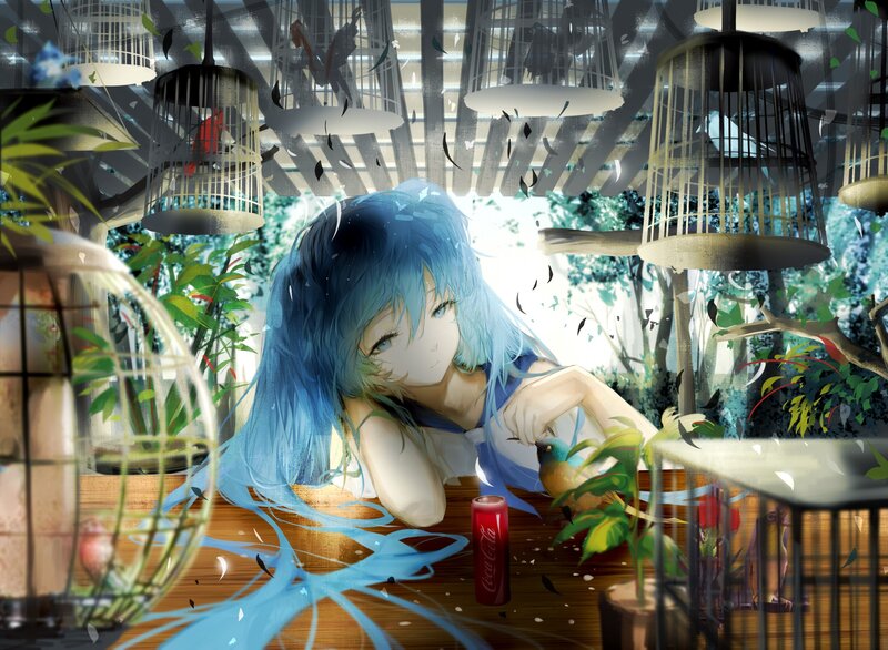 Blue-haired Girl with Birds — Blue, Serene, Afternoon, Digital Art