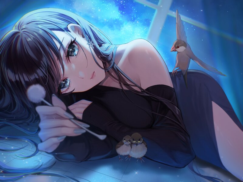Blue-haired Girl with Birds — Blue, Serene, Night, Digital Art