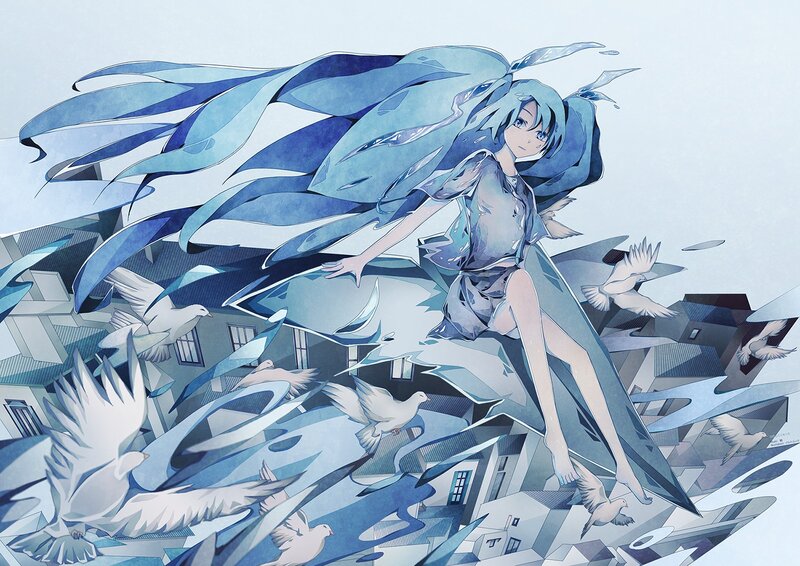 Blue-haired Girl with Birds — Blue, Serene