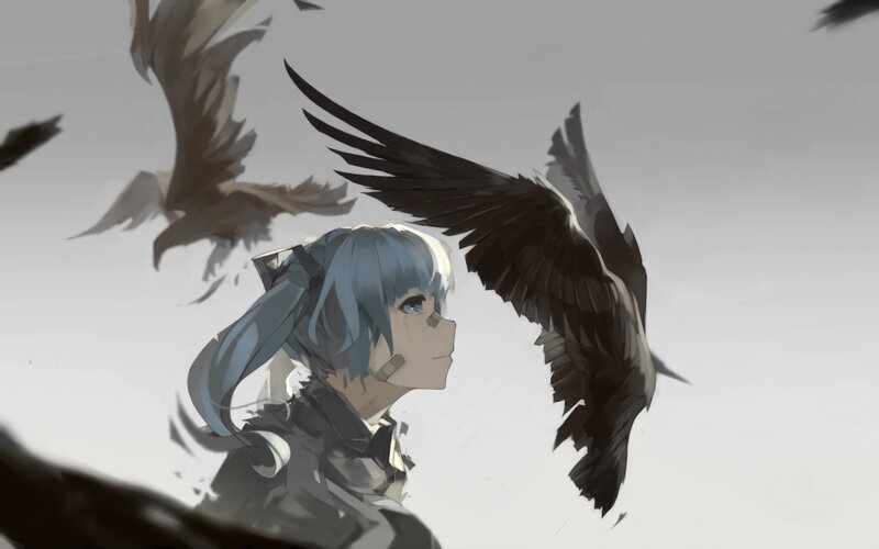 Blue-haired Girl with Birds — Gray