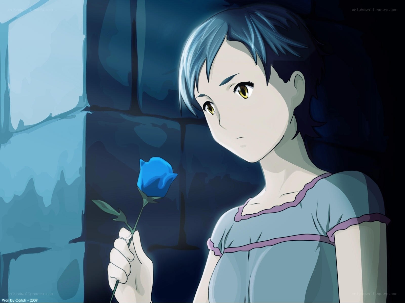 blue-haired girl with blue rose
