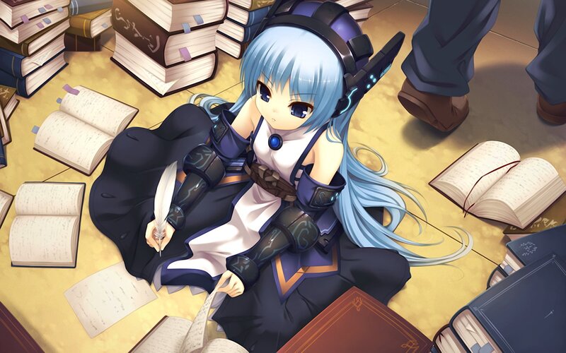 blue-haired girl with books