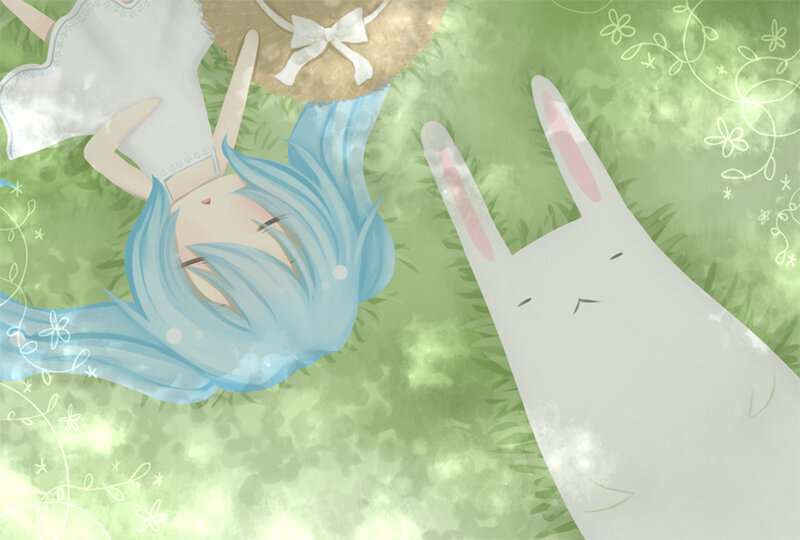 blue-haired girl with bunny