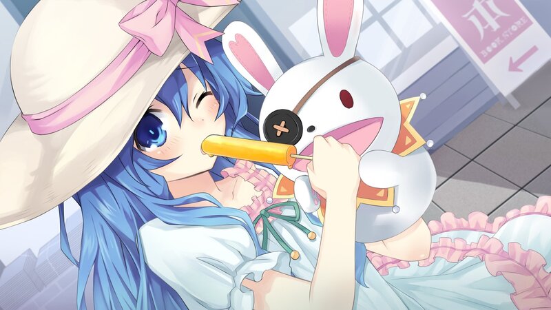 blue-haired girl with bunny plush