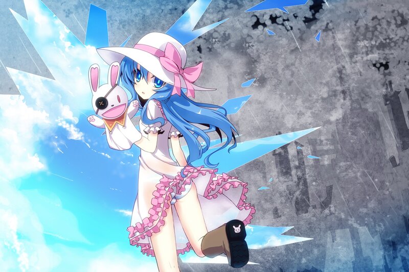 blue-haired girl with bunny plush