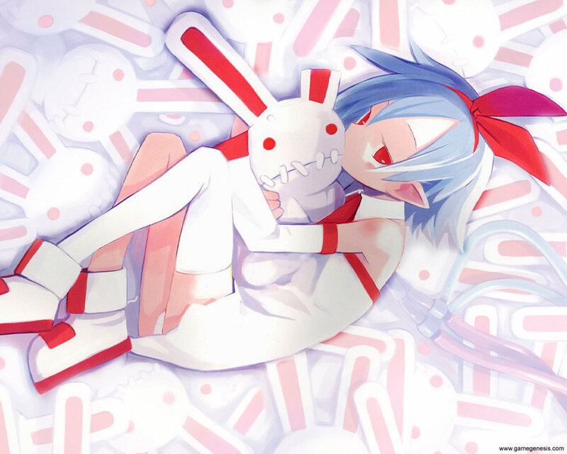 blue-haired girl with bunny plush