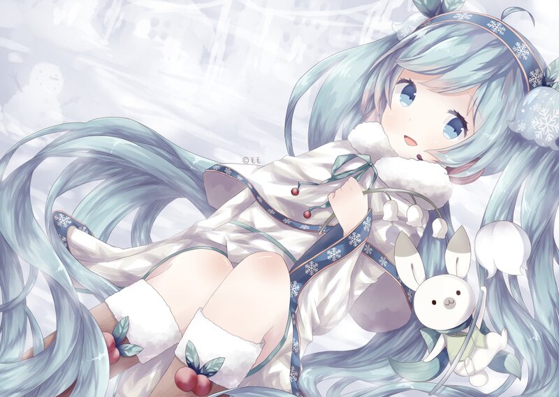 Blue-haired Girl with Bunny — White