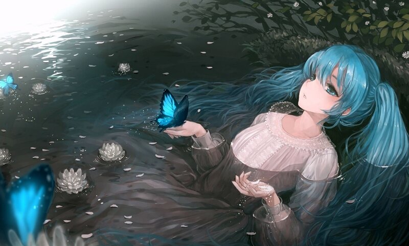 blue-haired girl with butterflies