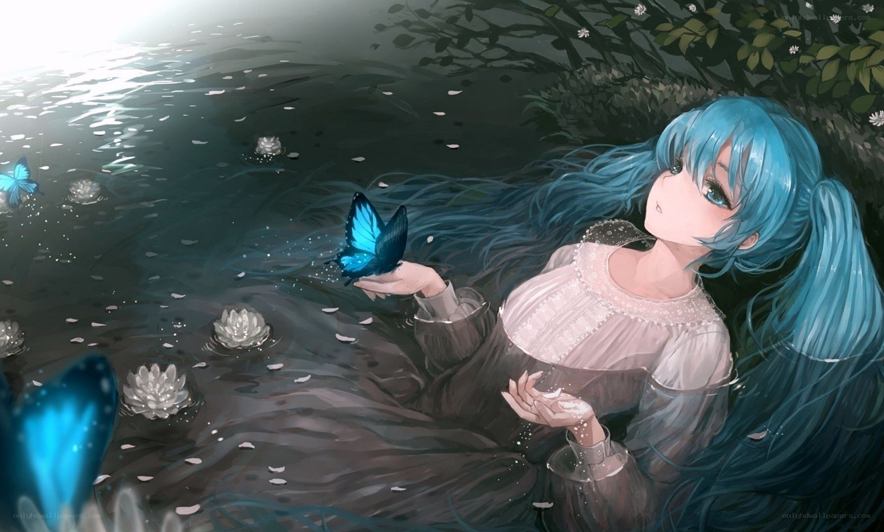 blue-haired girl with butterflies