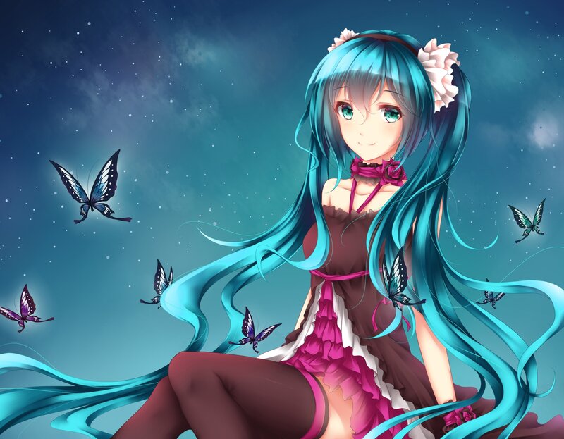Blue-haired Girl with Butterflies — Cyan