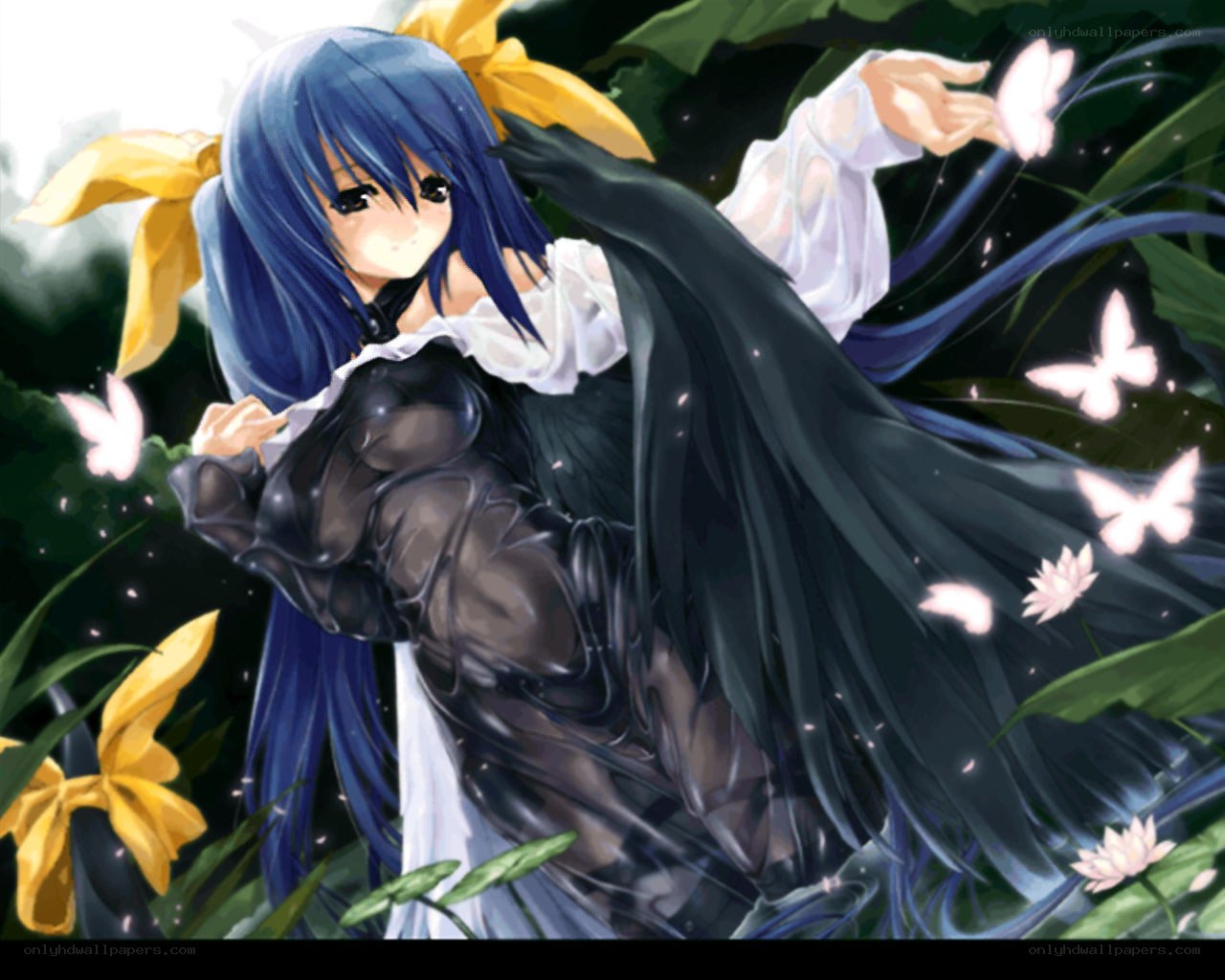 blue-haired girl with butterflies