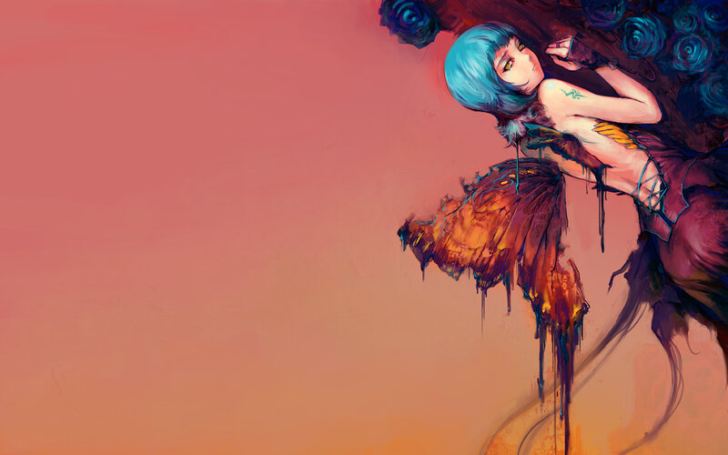 blue-haired girl with butterfly wings