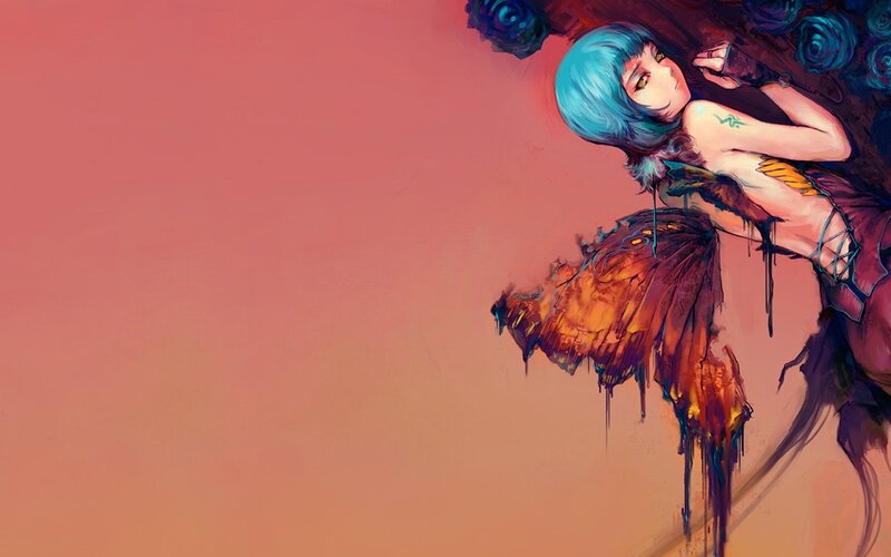 blue-haired girl with butterfly wings