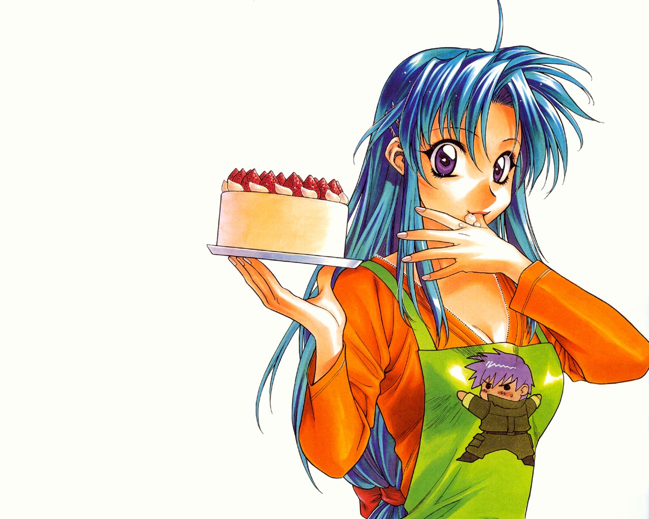 blue-haired girl with cake
