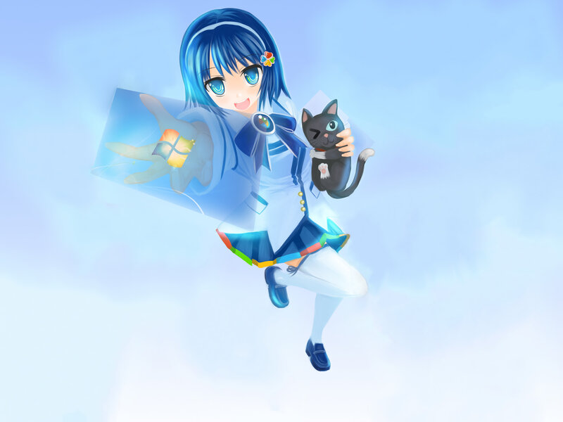 blue-haired girl with cat