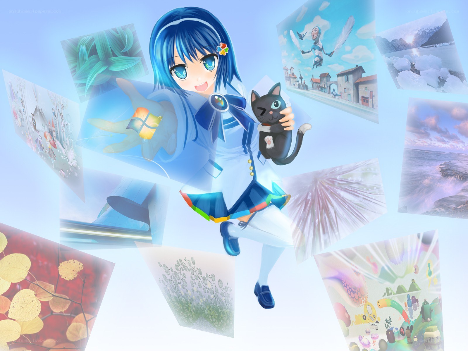 blue-haired girl with cat