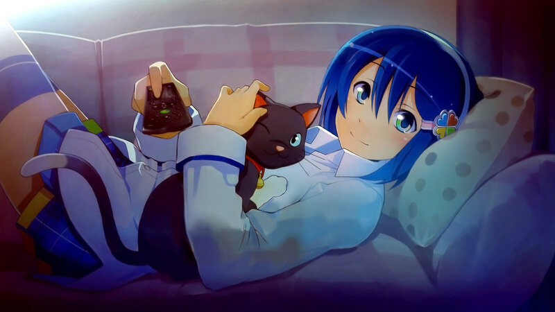 Blue-haired Girl with Cat — Blue, Calm, Night, Anime, Remote Control, Pillow, White, Black