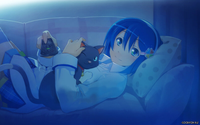 Blue-haired Girl with Cat — Blue, Calm, Night