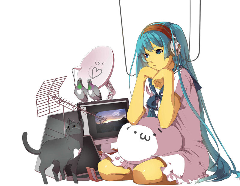 Blue-haired Girl with Cat — Blue, Calm, Sunset