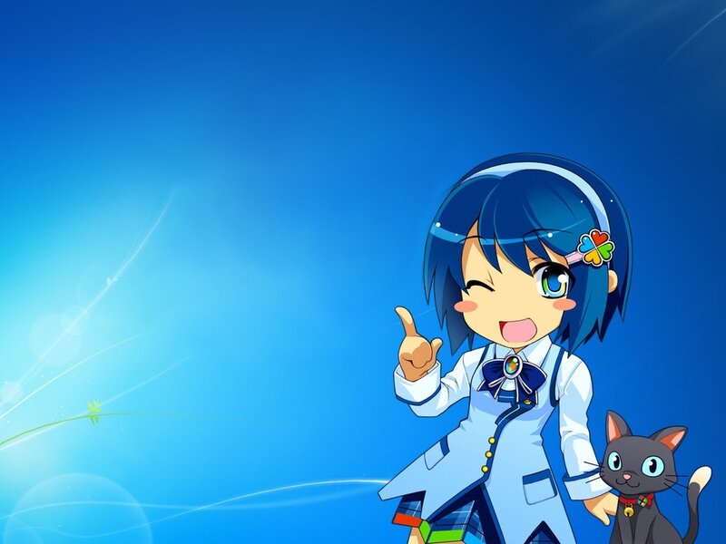 Blue-haired Girl with Cat — Blue, Cheerful, Anime, School Uniform, Four-leaf Clover