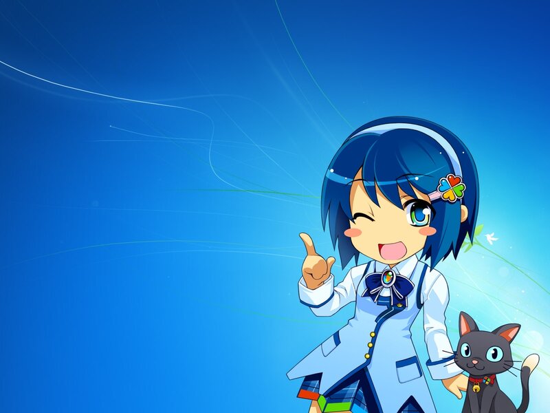 Blue-haired Girl with Cat — Blue, Cheerful, Anime, School Uniform, Hair Clip, White