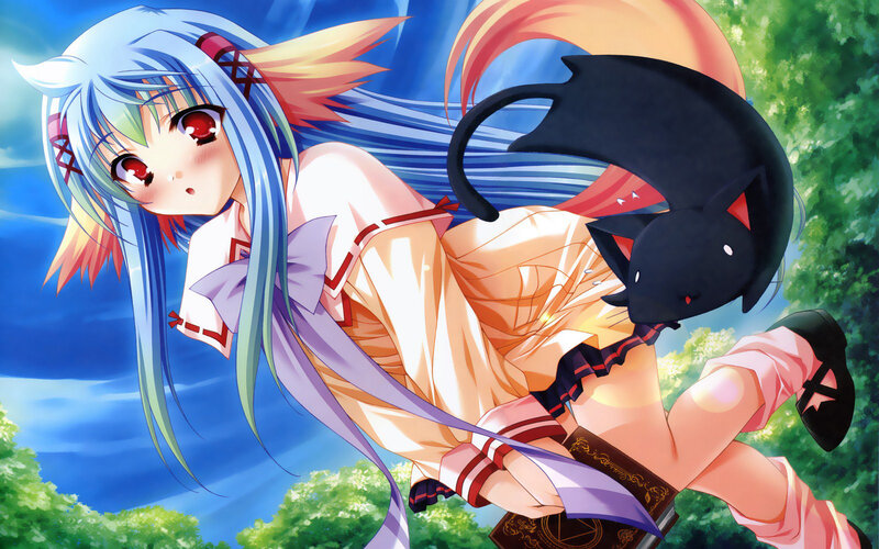 Blue-haired Girl with Cat — Blue, Playful