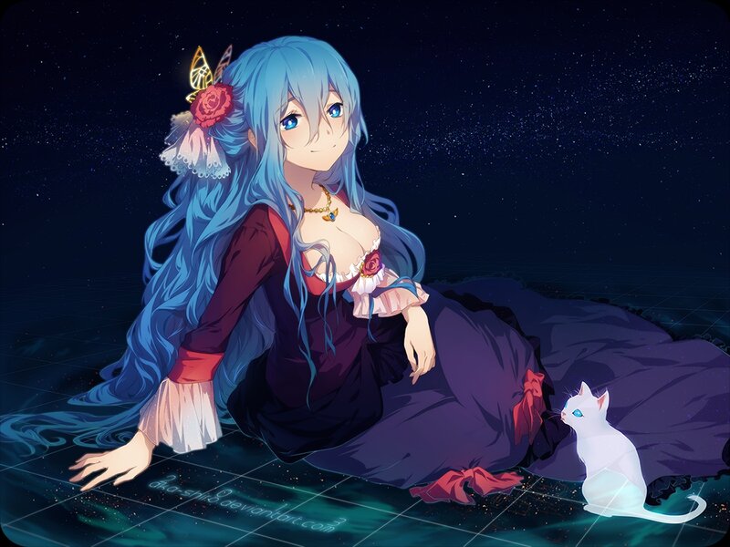 Blue-haired Girl with Cat — Blue, Serene, Night