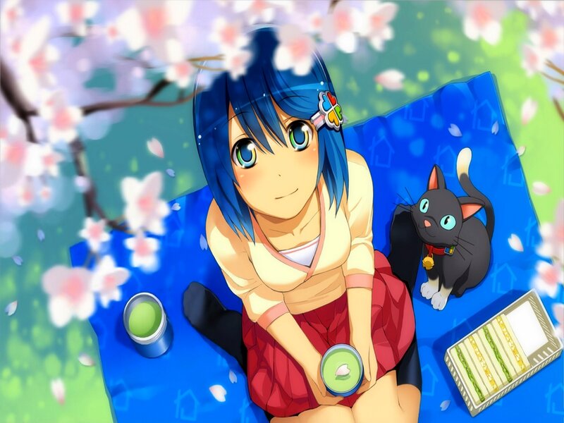 Blue-haired Girl with Cat — Blue, Serene, Spring, Anime