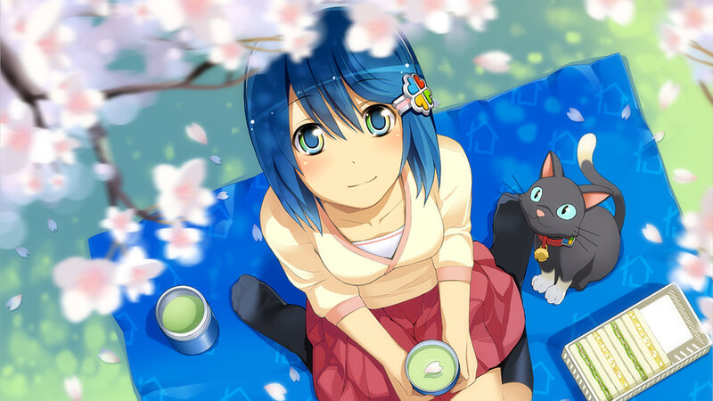 Blue-haired Girl with Cat — Blue, Serene, Spring
