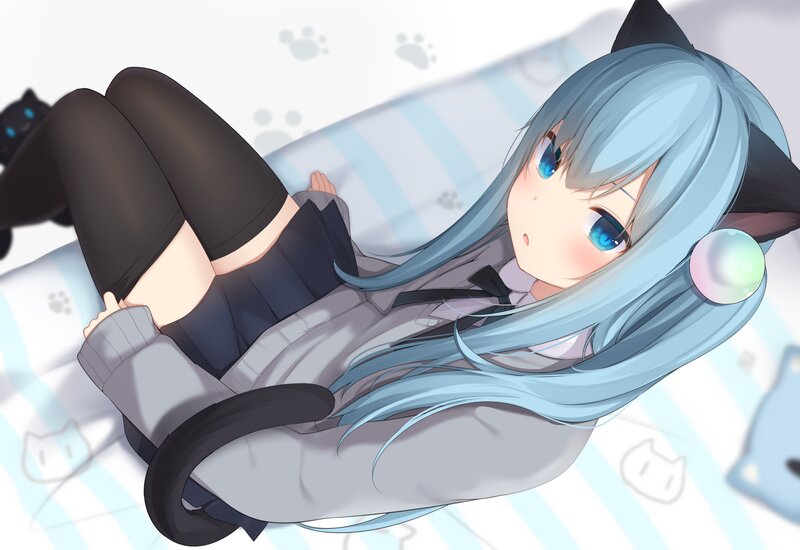 Blue-haired Girl with Cat Ears — Blue, Calm, Anime, Cat Ears