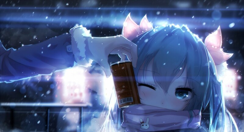 Blue-haired Girl with Cat Ears — Blue, Calm, Night, Anime, Snow