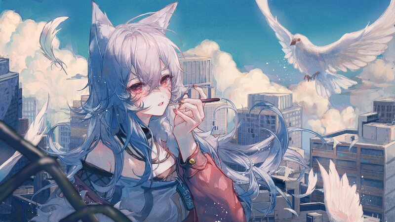 Blue-haired Girl with Cat Ears — Blue, Serene, Afternoon, Digital Art