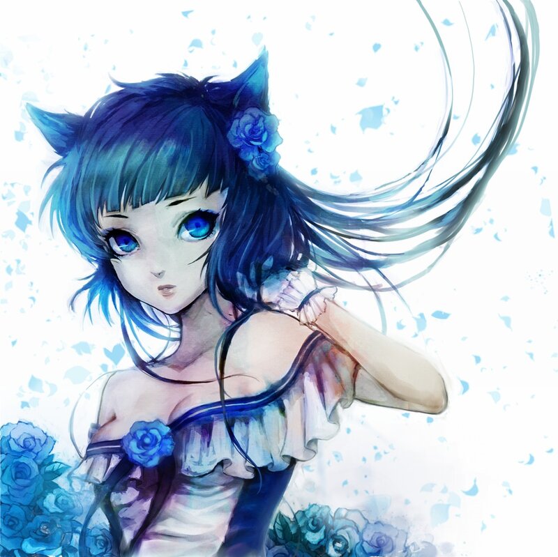 Blue-haired Girl with Cat Ears — Blue, Serene