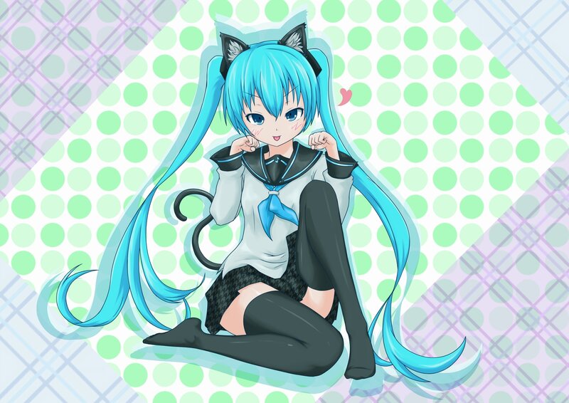 Blue-haired Girl with Cat Ears — Cyan, Playful, Anime