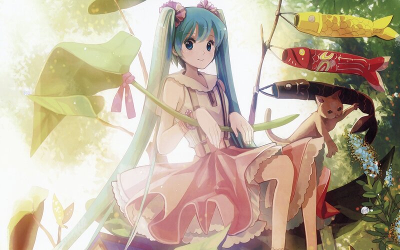 Blue-haired Girl with Cat — Green