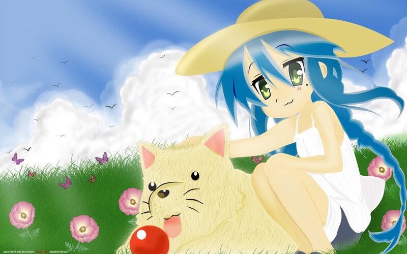 Blue-haired girl with cat in field