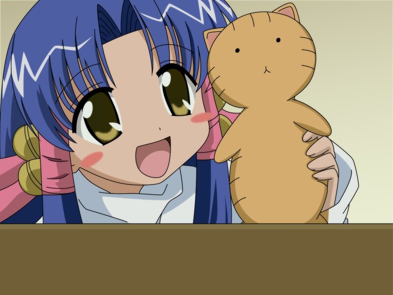 blue-haired girl with cat plush