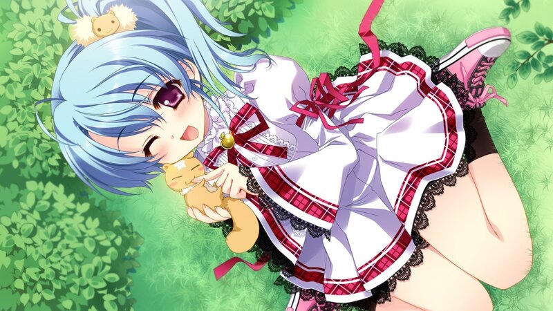 blue-haired girl with cat plush