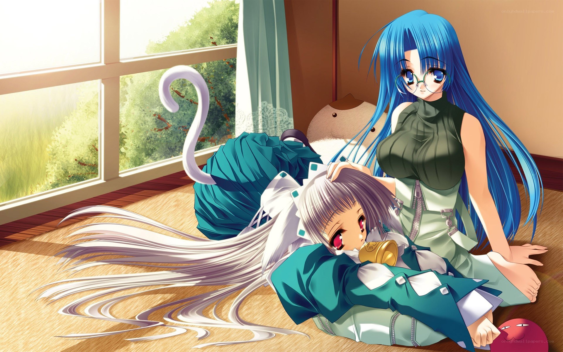 Blue-haired girl with cat tail