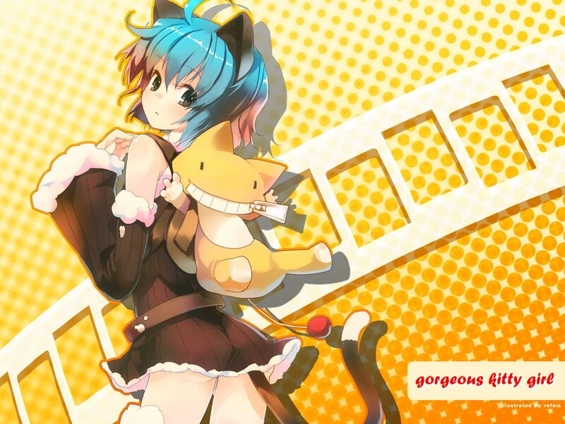 Blue-haired Girl with Cat — Yellow, Playful