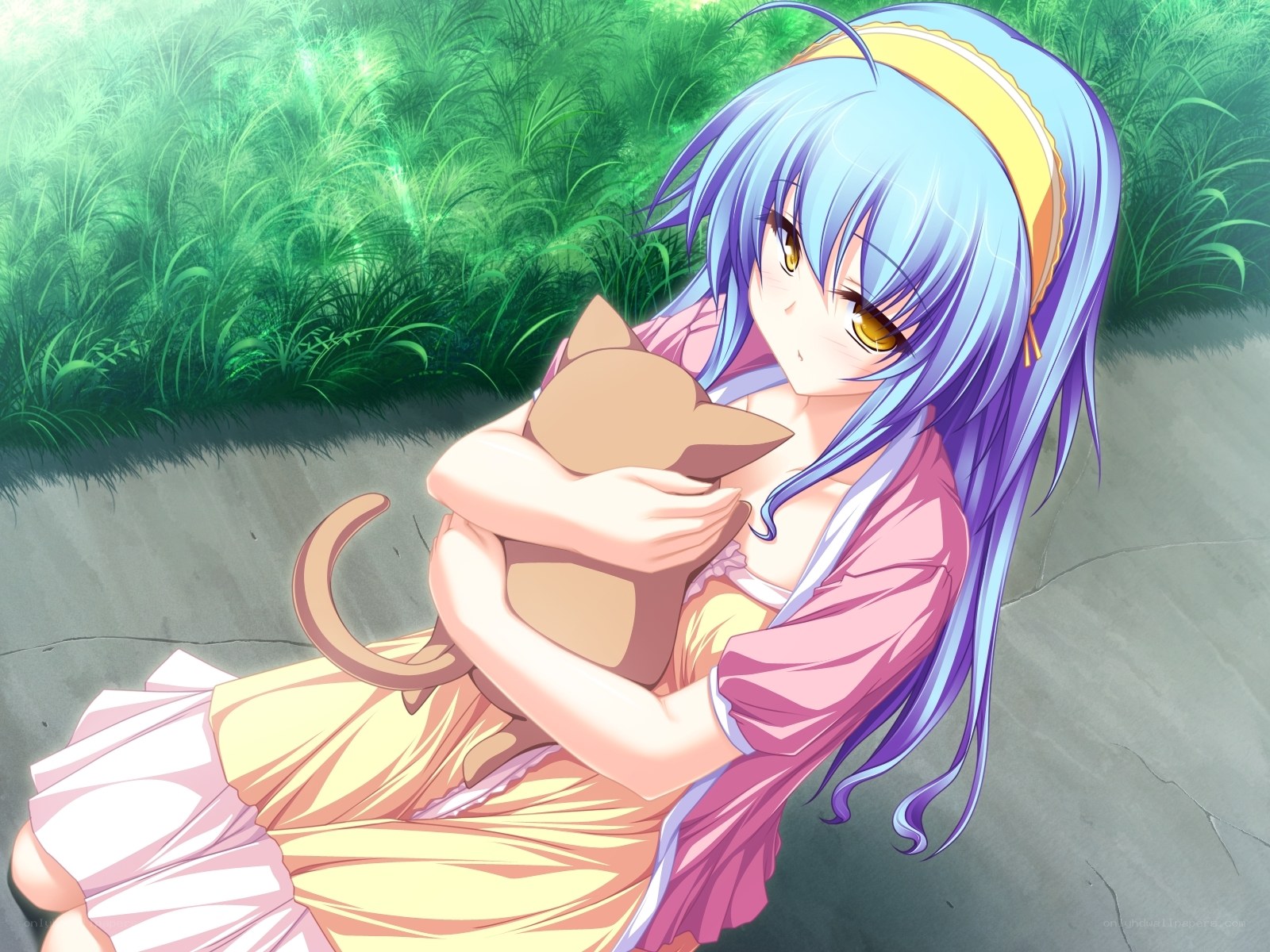 blue-haired girl with cat