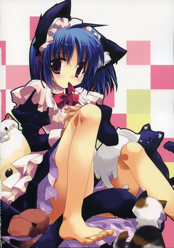 blue-haired girl with cats