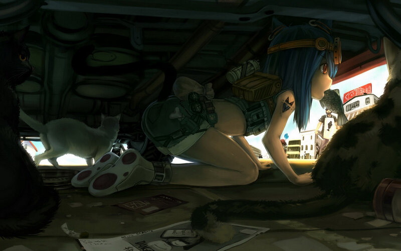 blue-haired girl with cats